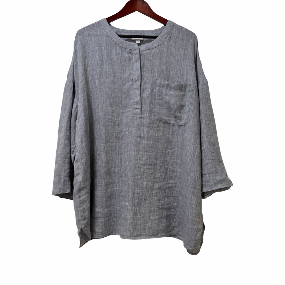 J Jill Womens 100% Linen Popover Long Sleeve Tunic Top Size XL Blue Beach Vacay